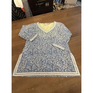 Gretchen Scott Dress Womens Small Blue White Floral Tunic Cotton Beach Cover Up